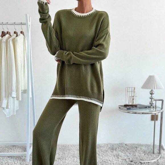 Green Casual Women's Contrast Trim Drop Shoulder Sweater & Knit Pants - Picture 4 of 6